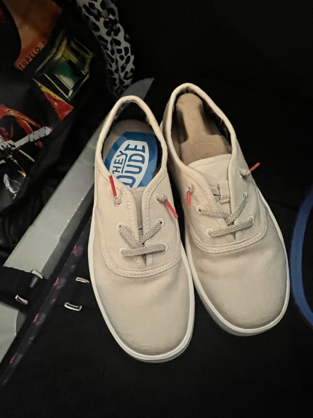 Hey Dude Beige Canvas Lace-Up Sneakers with Coral Accents